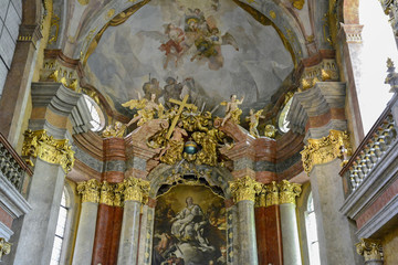 Church of St. Catherine of Alexandria in Prague. Church tower Catherine is visible from afar and looks like a thin minaret of a Muslim mosque. Frescoes inside the church.