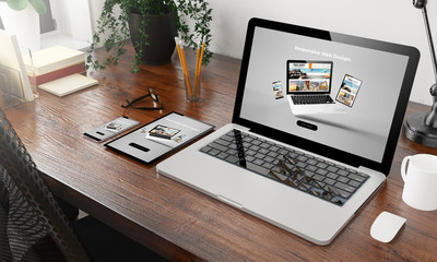 Wall Mural - devices on wooden desktop