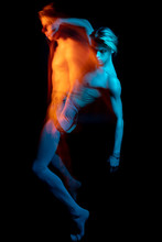 Double Portrait Of Falling Handsome Torso Naked Man.  Blue And Orange. Dancer Choreographer Allegorical Metaphorical Representation Emotions And Feelings