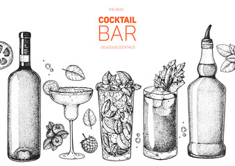 Alcoholic cocktails hand drawn vector illustration. Cocktails sketch set. Engraved style. Alcoholic drinks in glasses and bottles.