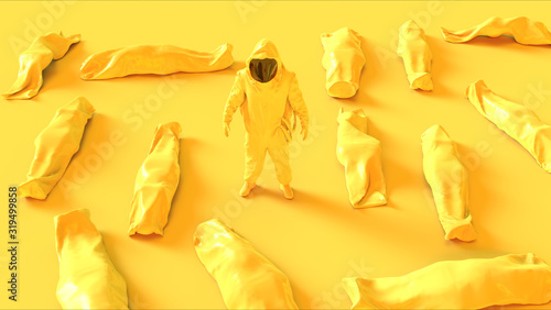Fotomural Yellow Corona Virus Hazmat NBC Suit with Body Bags Cadaver Pouch Human Remains 3