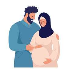 A traditional Muslim family is waiting for the birth of a child. Arab married couple, pregnant woman in a hijab. Flat vector illustration isolated on white background.