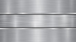 Background in silver and gray colors, consisting of a shiny metallic surface and two horizontal polished plates located above and below, with a metal texture, glares and burnished edges