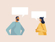 © Marina - Young man and woman chatting with speech bubbles. The dialogue between people, business conversation. Design template for your banner or poster. Place for your text. Vector illustration in flat design
