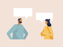 Young Man And Woman Chatting With Speech Bubbles. The Dialogue Between People, Business Conversation. Design Template For Your Banner Or Poster. Place For Your Text. Vector Illustration In Flat Design
