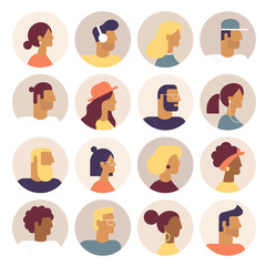 Wall Mural - Super set of profile photos in flat design style. Cool avatars icons. Positive male and female people with different hairstyle, faces nationalities. Bright vector illustrations of interface elements. 