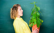 © be free - Growing plants in school classroom. surprised student girl with plant at blackboard. school nature study. environmental education. teacher woman in glasses at biology lesson. tree of knowledge