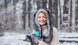 © be free - Warm smiles. Girl enjoy mulled wine. woman in hat drinking tea in forest. funny female fur animal hat. hiking and traveling. girl hiker drink cup of hot coffee. warm yourself up. woman winter drink