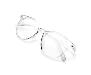 Stylish eyeglasses on white background