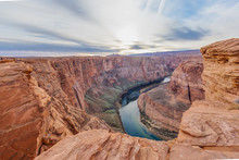 Panoramic Picture Over Horseshoe Bend And Colorado River In Winter