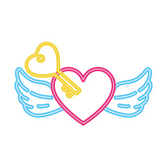 Wall Mural - heart with wings in neon light, valentines day vector illustration design