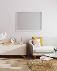 Wall Mural - horizontal empty frame above cupboard and sofa on white wall in modern living room interior, 3d rend