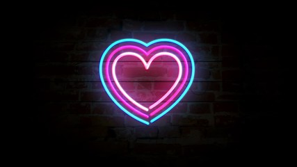 Wall Mural - Heart symbol neon symbol on brick wall. Light bulbs with romance love, dating, cardiology, health and emotions. Loopable and seamless abstract concept animation.