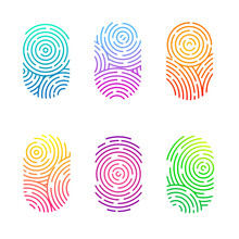 Vector set of color fingerprints isolated on white background. Thumb finger print or personal id, unique biometric identity for police or security
