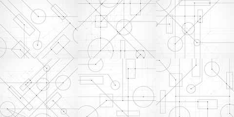 Set of abstract backgrounds with engineering drawing. Technological wallpaper made with circles and lines. Geometric design. Vector Illustration