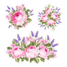 Vector Setof Rose, Lavender Bouquets. Spring Wedding Romantic Date Marriage Symbol. Rose And Lavender Garland, Bouquet For Your Template, Design Of Invitation Card. Vintage Illustration.