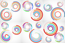 Set Of Abstract Backgrounds Of Colorful Circles With Lines, Technology Backdrop, Geometric Shapes. Vector Illustration