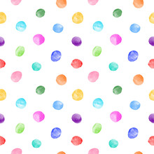 Colorful Watercolor Round Doodle Spots, Uneven Polka Dots Seamless Vector Pattern. Circle Shape Brush Strokes, Stains, Smudges, Watercolour Smears Background. Hand Drawn Multicolor Painted Texture.