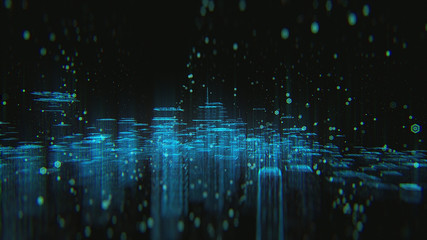 Wall Mural - abstract futuristic city hologram dark background with connecting dots and lines. 3d render