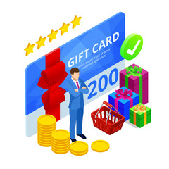 Isometric Gift voucher and Online shopping app, Shopping online. Holiday celebration concept.