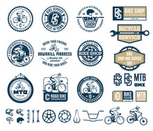 Vector Bike Shop, Club, Bicycle Service, Mountain And Road Biking Badges, Icons And Design Elements