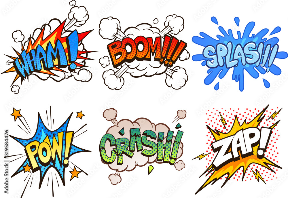 Comic book retro sound effects. Vector cartoon clip art illustration with simple gradients. Each on a separate layer.
