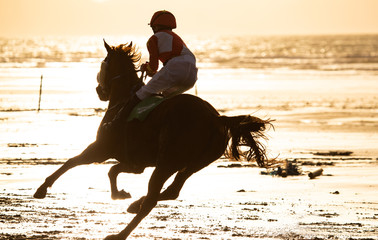 Wall Mural - Silhouette of race horse and jockey racing racing into the sun on the beach, wild Atlantic way on the west coast of Ireland