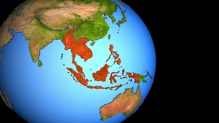 Wall Mural - Closing in on South East Asia on political 3D globe with topography. 3D illustration.