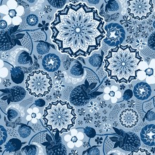 Wild Strawberries, Flowers And Geometric Mandalas - The Classic Blue Color Palette, A Blue-tinted Vision Inspired By Pantone’s Timeless And Serene Pick For 2020 Color Of The Year. 