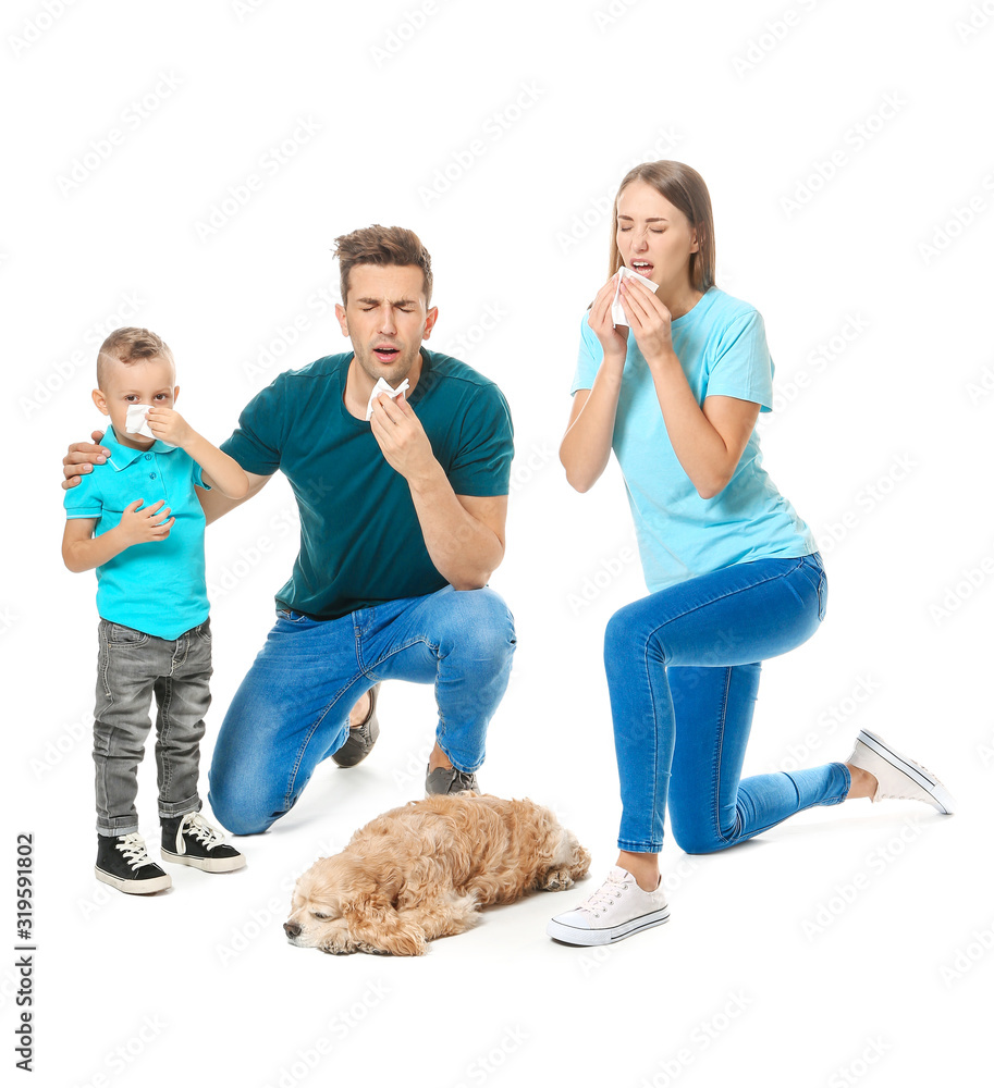 Family with pet allergy on white background