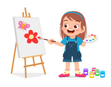 Happy Cute Little Kid Girl Draw On Canvas