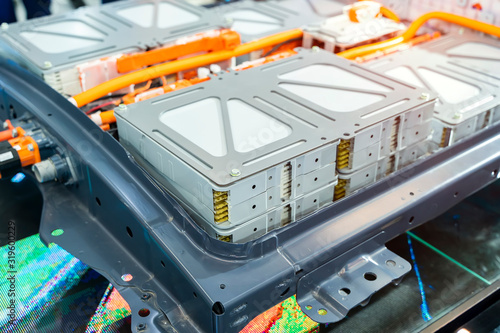 Electric car lithium battery pack and power connections Stock Photo