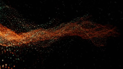 Plexus of abstract orange and green dots on a black background. 3D illustration