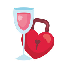 Poster - padlock in shape heart and cup glass with wine