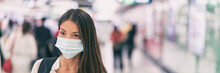 Coronavirus Corona Virus Asian Woman Wearing Flu Mask Walking On Work Commute In Public Space Transport Train Station Or Airport Panoramic Banner.
