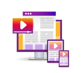 Bright Flat illustration design website. concept cross platform. Vector icons electronic devices. smartphone, tablet and desktop computer.