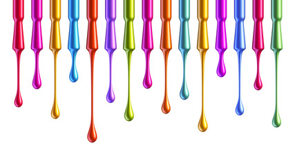 Wall Mural - Colorful nail polish brushes with falling drops isolated on white background