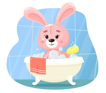 Cute Pink Bunny Washes In The Bath With Baby Soap. Vector Illustration In Cartoon Flat Style.