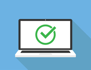 Wall Mural - laptop and check green mark. vector technology design. white screen. roung green tick icon. successf