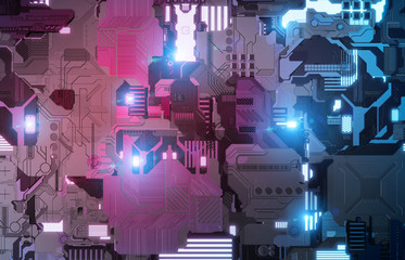 Wall Mural - Futuristic blue and pink tech panel background with lots of details