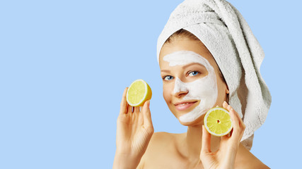 Wall Mural - cosmetology, skin care, face treatment, spa and natural beauty concept. woman with facial mask holds