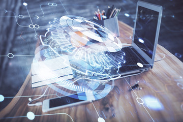 technology theme drawing and table with computer. double exposure. concept of information.