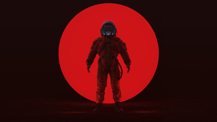 Wall Mural - astronaut in a red advanced crew escape space suit standing in a alien void with a clear visor woman