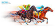 Three racing horses competing with each other, with motion blur to accent speed. Derby. Hippodrome. Racetrack. Sport. Vector illustration