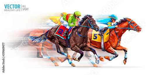 Fotografía Three racing horses competing with each other, with motion blur to accent speed