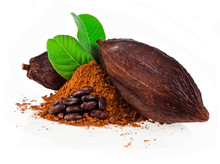 Cocoa Pods, Cocoa Beans And Cacao Powder With Leaves Isolated On A White Background.