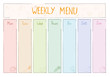 Cute A4 template for weekly menu with lettering and doodle drawings of food.