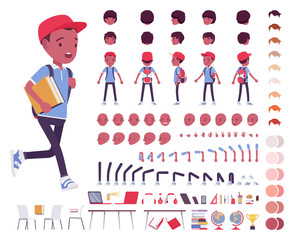black school boy in a casual wear construction set. cute guy, active young kid, smart elementary pup