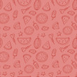 © ka.yansh - Digital illustration of a cute doodle black outline watermelon pattern on a coral pink background. Print for fabrics, paper, banners, posters, invitations, textiles, packaging.