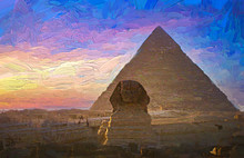 The Pyramids Of Giza Including The Great Sphinx During The Evening Colorful Sunset. Cairo, Egypt. Abstract Oil Painting.